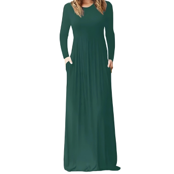 Deep red women's long sleeve maxi dress with pockets by ModestAndDevoted, featuring a flowing design and comfortable fit.