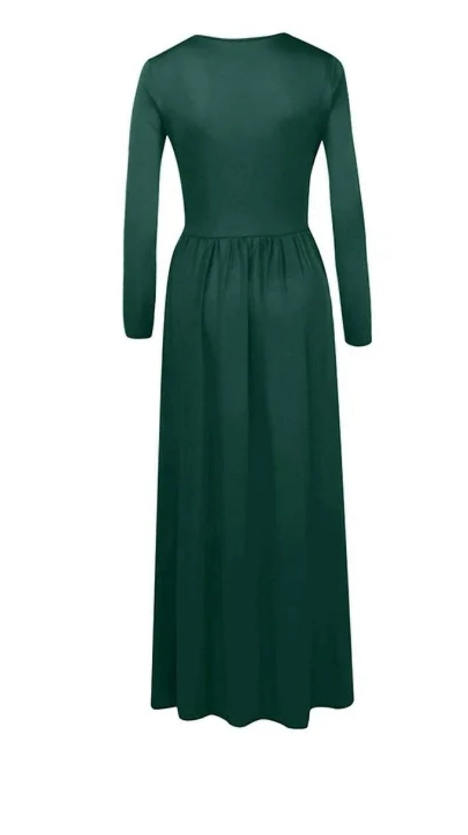 Deep red women's long sleeve maxi dress with pockets by ModestAndDevoted, featuring a flowing silhouette and comfortable design.