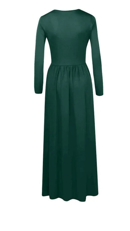 Deep red women's long sleeve maxi dress with pockets by ModestAndDevoted, featuring a flowing silhouette and comfortable design.