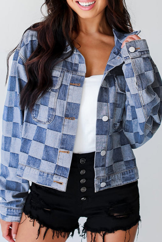 Light blue checkered patchwork denim jacket by ModestAndDevoted, button-up outerwear with cotton-polyester blend, casual and stylish.