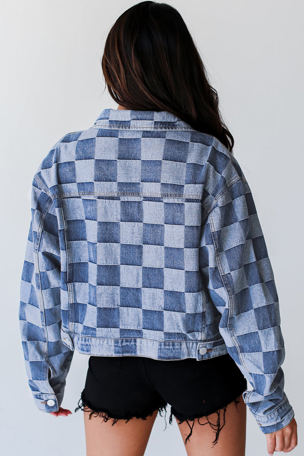 Light blue checkered patchwork denim jacket by ModestAndDevoted, button-up outerwear with stylish patchwork design.