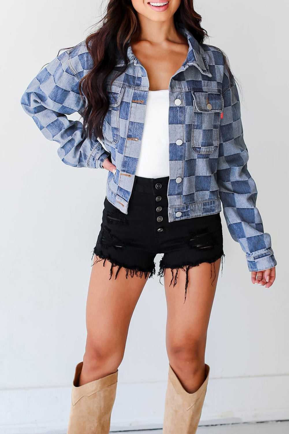 Light blue checkered patchwork denim jacket by ModestAndDevoted, button-up style, made of cotton and polyester, perfect for casual wear.