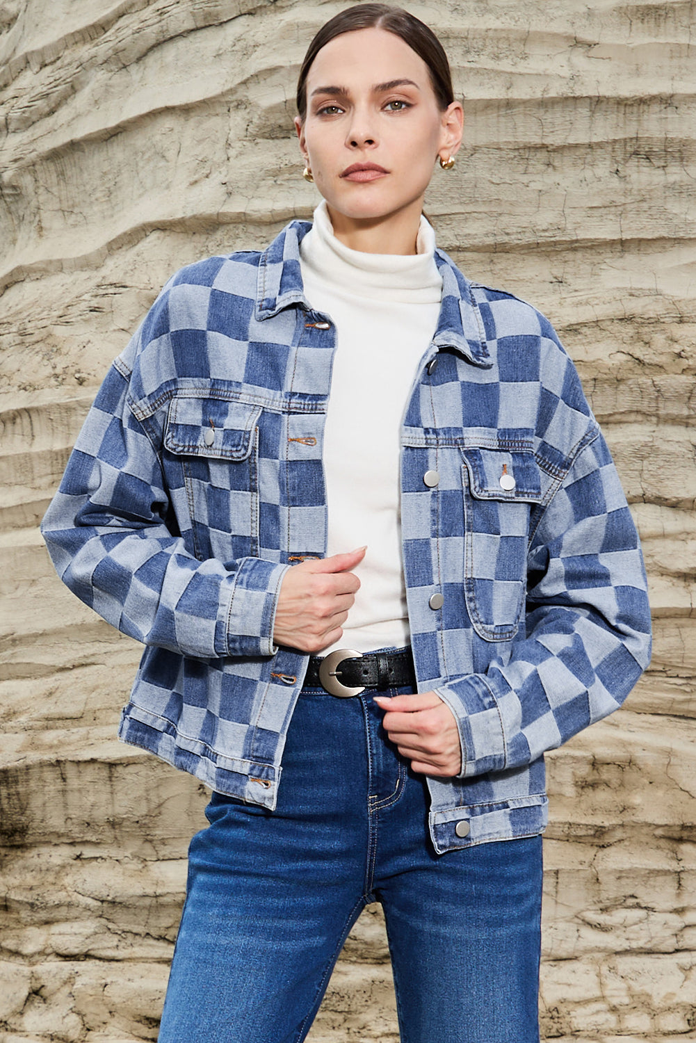 Light blue checkered patchwork denim jacket by ModestAndDevoted, button-up outerwear with cotton and polyester blend, casual style.