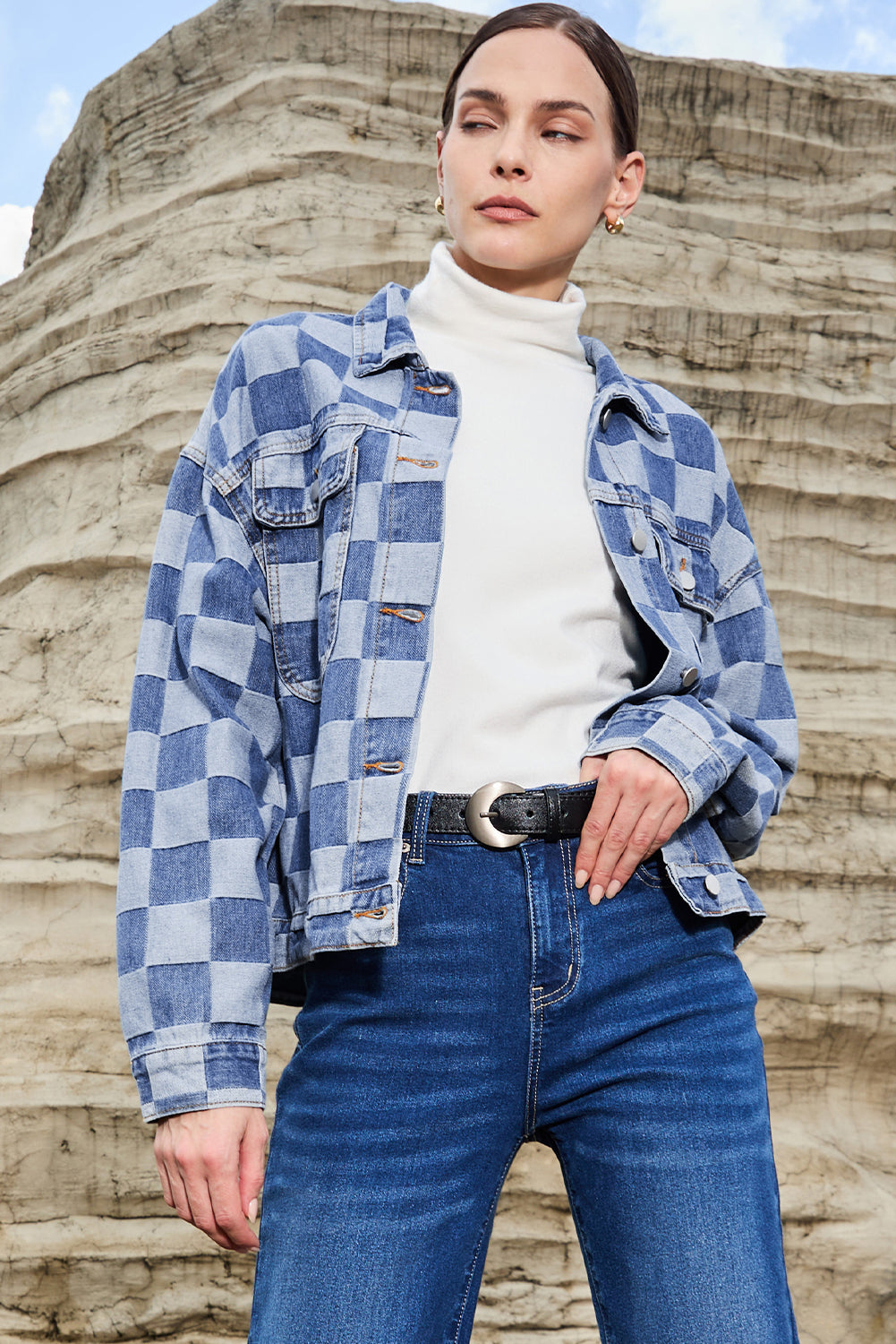 Light blue checkered patchwork denim jacket from ModestAndDevoted, button-up outerwear with stylish design and cotton-polyester blend.