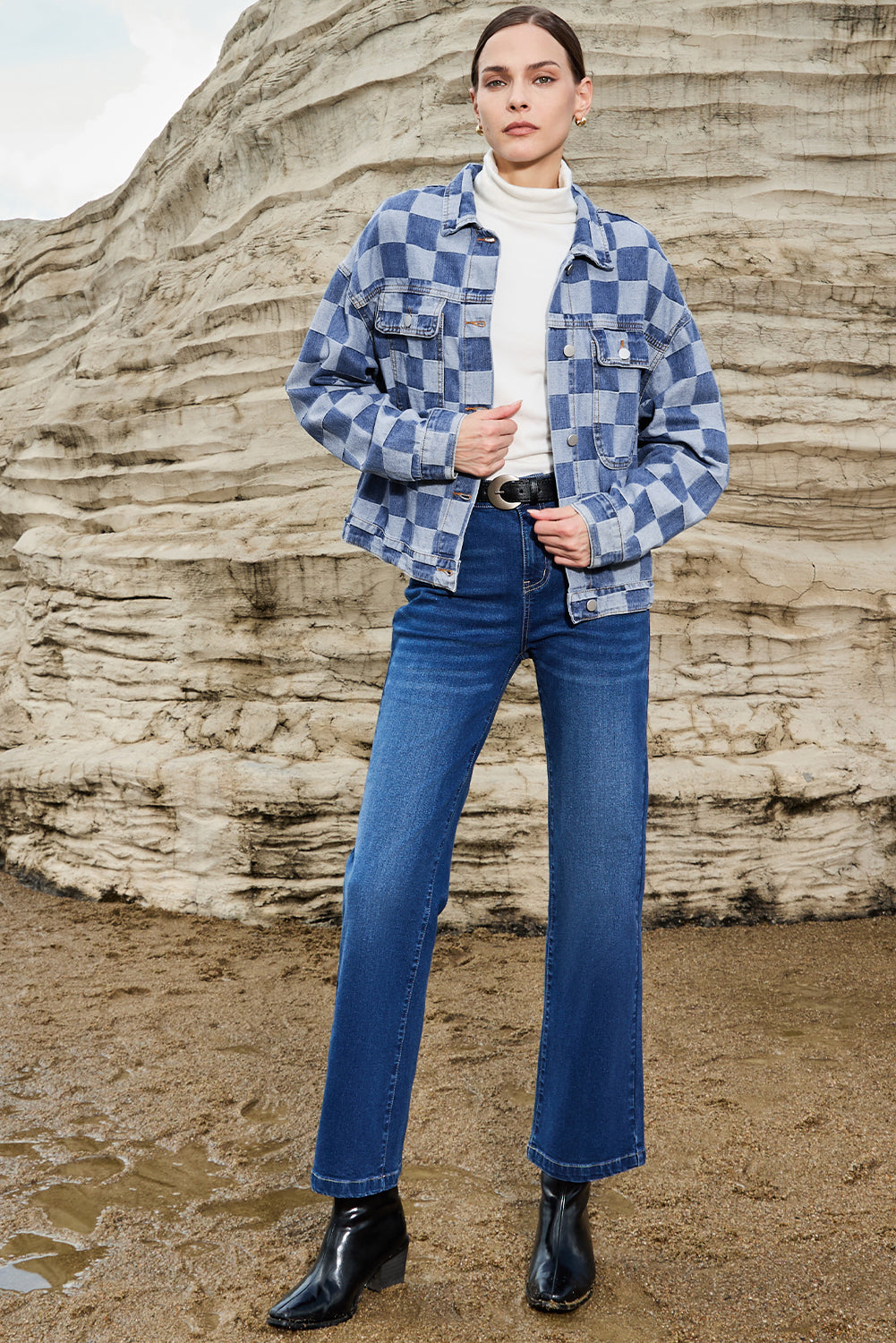 Light blue checkered patchwork denim jacket by ModestAndDevoted, button-up outerwear with cotton-polyester blend and stylish design.