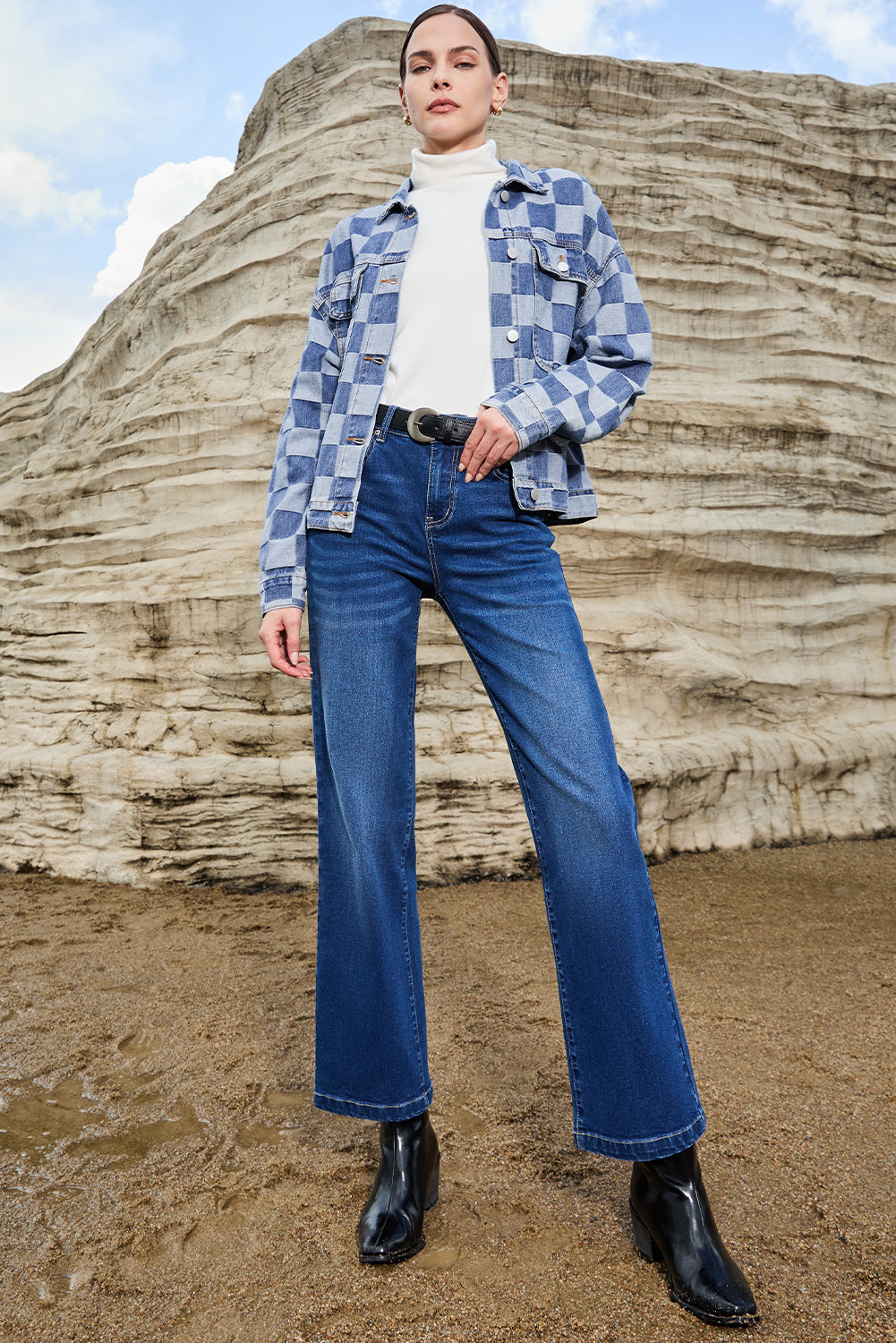 Light blue checkered patchwork denim jacket by ModestAndDevoted, button-up outerwear with cotton-polyester blend and stylish design.