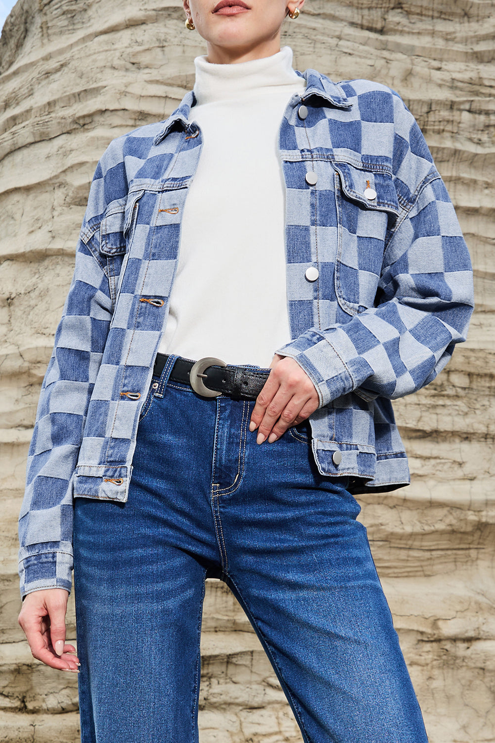 Light blue checkered patchwork denim jacket from ModestAndDevoted, button-up outerwear with cotton and polyester blend.