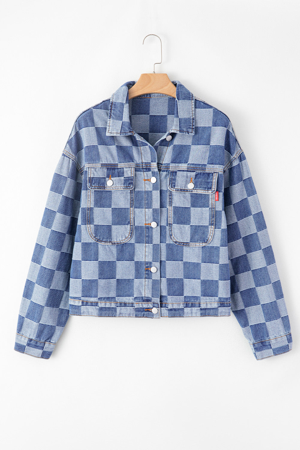 Light blue checkered patchwork denim jacket by ModestAndDevoted, button-up outerwear with cotton-polyester blend.