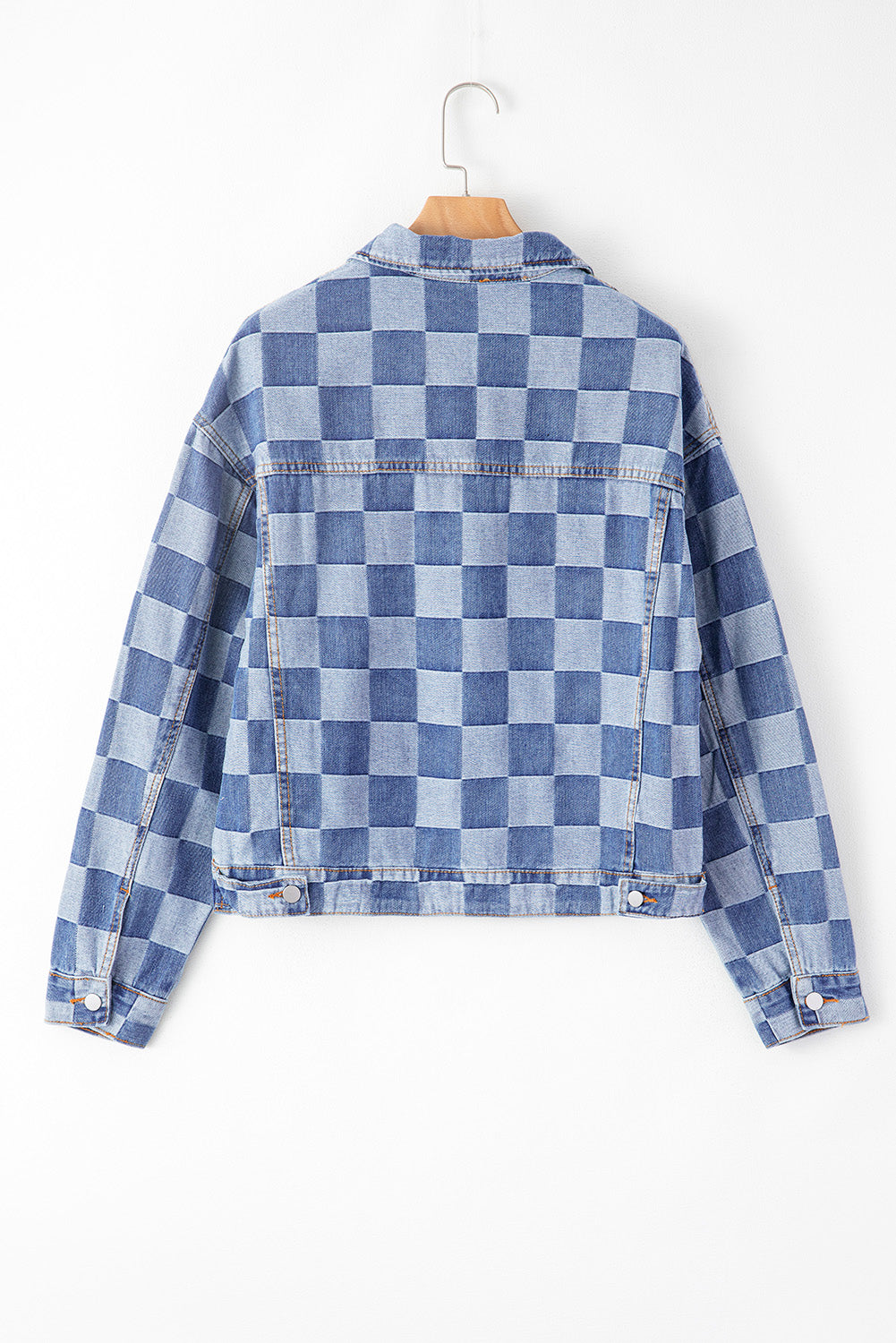 Light blue checkered patchwork denim jacket by ModestAndDevoted, button-up outerwear with cotton-polyester blend and stylish design.