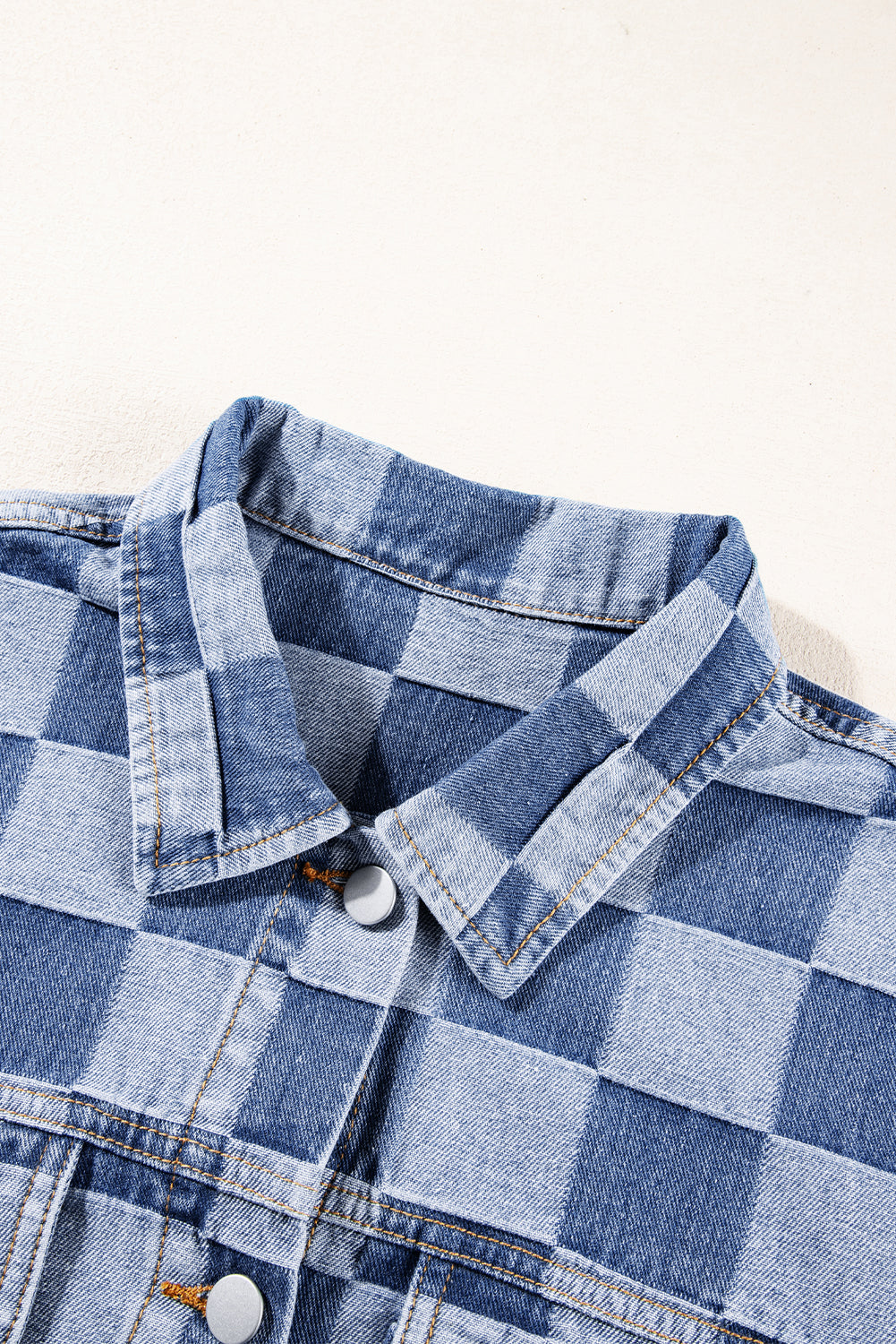 Light blue checkered patchwork denim jacket by ModestAndDevoted, button-up outerwear with cotton and polyester blend.