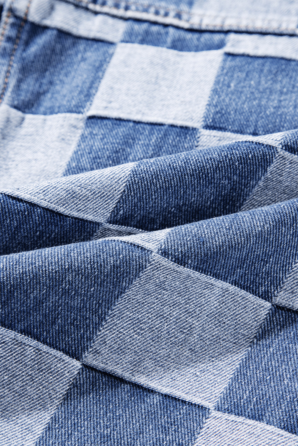 Light blue checkered patchwork denim jacket by ModestAndDevoted, button-up outerwear with classic design and cotton-polyester blend.