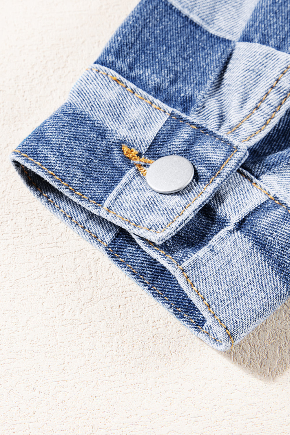 Light blue checkered patchwork denim jacket from ModestAndDevoted, button-up outerwear with classic design and mixed cotton-polyester fabric.