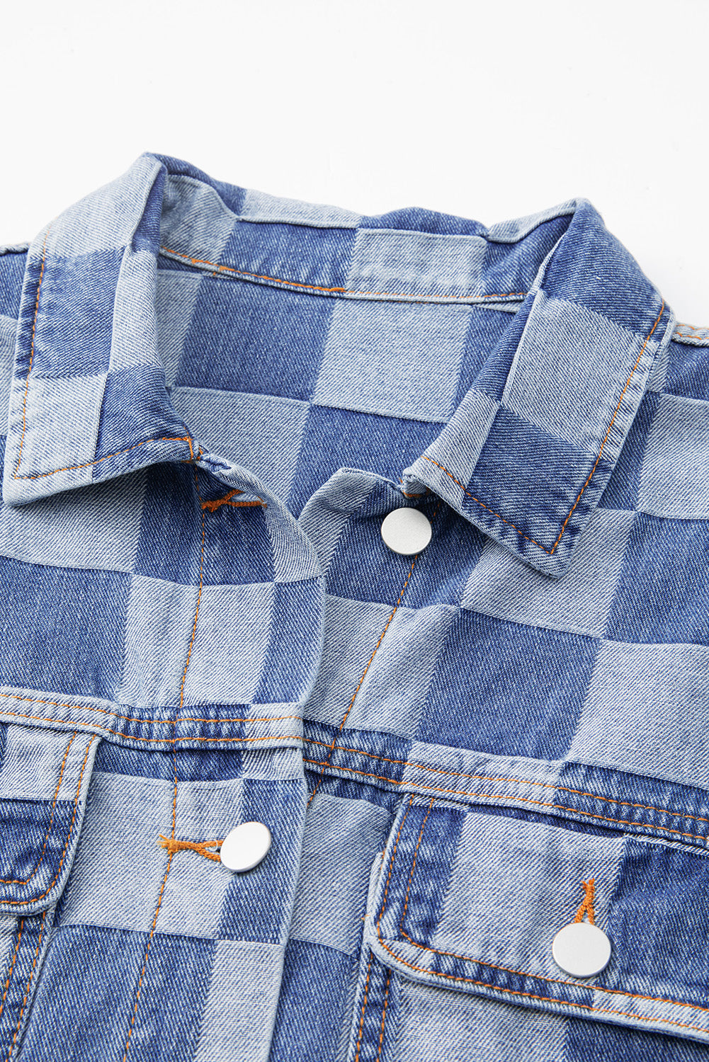 Light blue checkered patchwork denim jacket by ModestAndDevoted, button-up outerwear with cotton-polyester blend and stylish design.