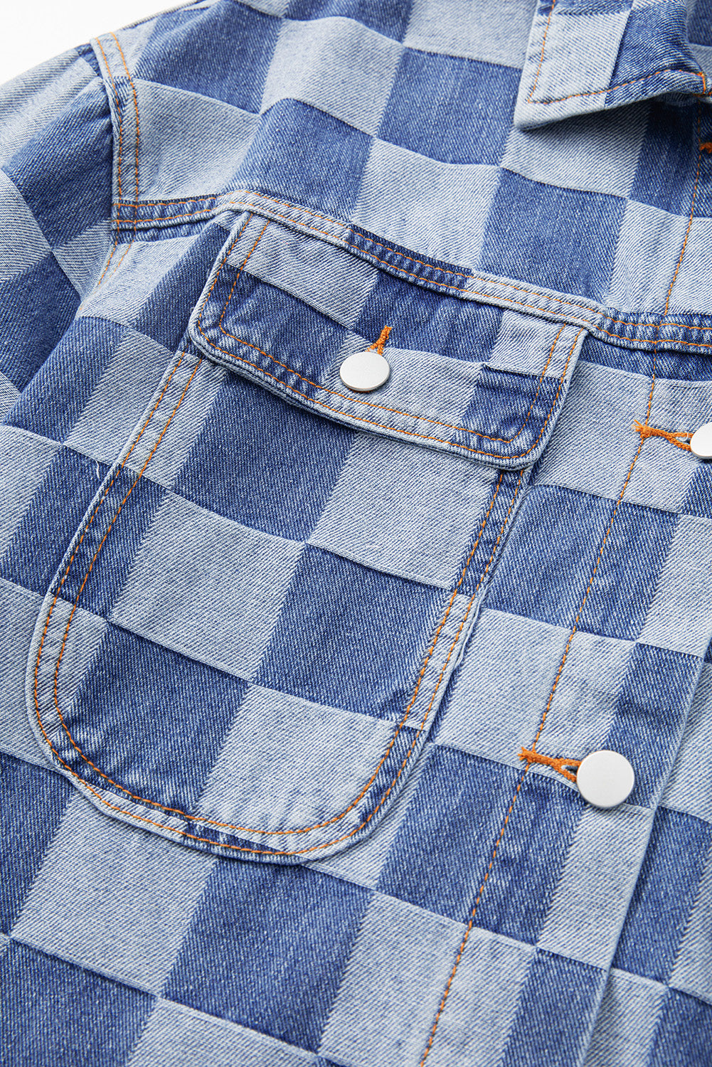 Light blue checkered patchwork denim jacket by ModestAndDevoted, button-up outerwear with cotton-polyester blend and stylish design.