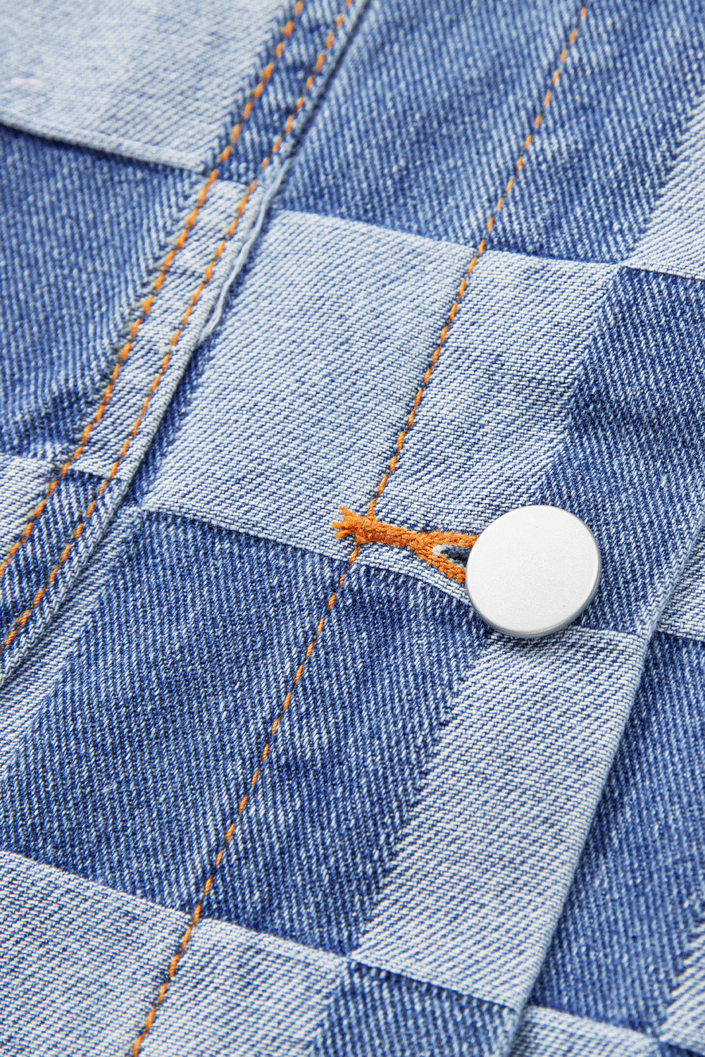 Light blue checkered patchwork denim jacket by ModestAndDevoted, button-up outerwear with cotton-polyester blend and stylish patchwork design.