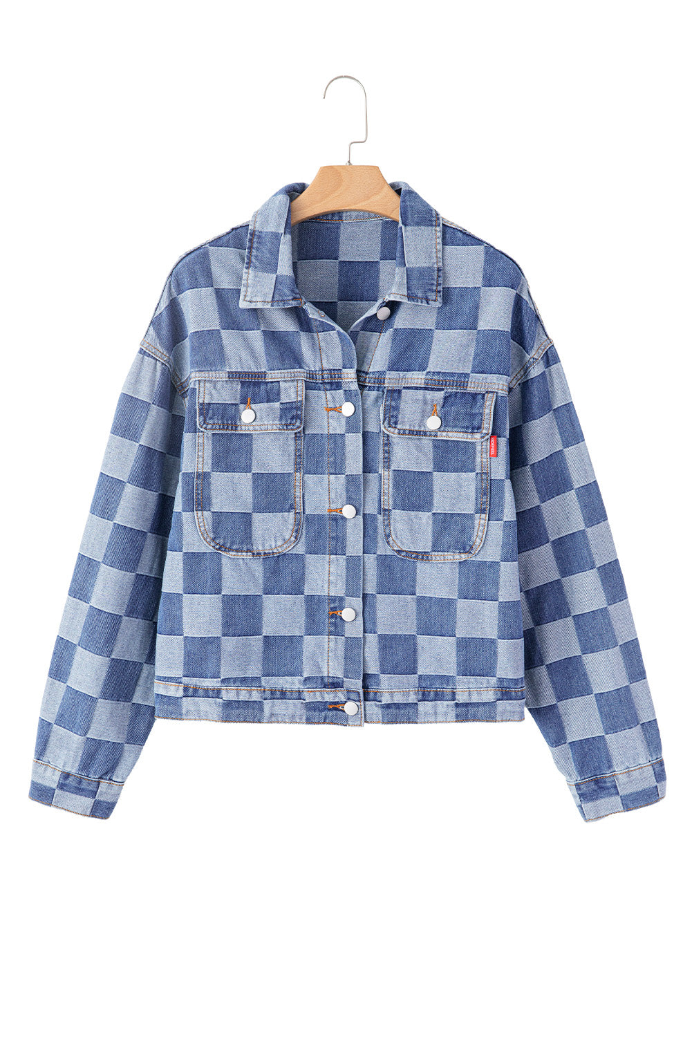 Light blue checkered patchwork denim jacket by ModestAndDevoted, button-up outerwear with cotton and polyester blend.