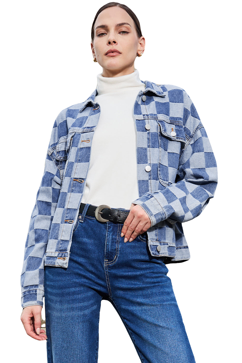 Light blue checkered patchwork denim jacket by ModestAndDevoted, button-up style, made of cotton and polyester, casual outerwear.