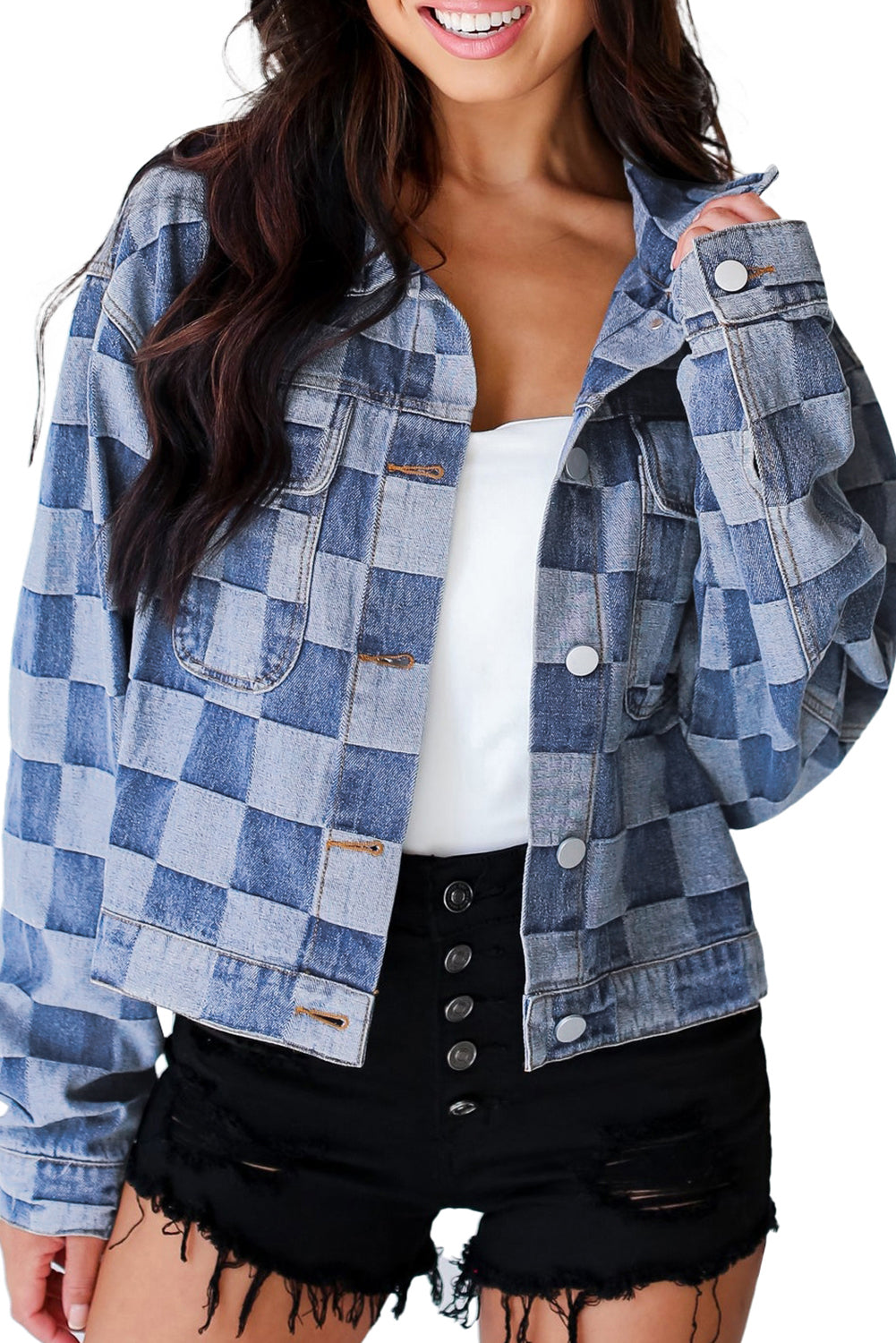 Light blue checkered patchwork denim jacket by ModestAndDevoted featuring button-up front and classic outerwear style.