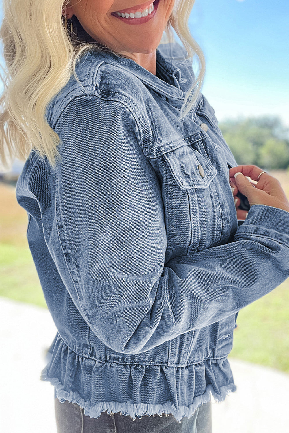 Beau Blue denim jacket with ruffle detail, raw hem, flap pockets, ModestAndDevoted outerwear, casual stylish jacket for women.