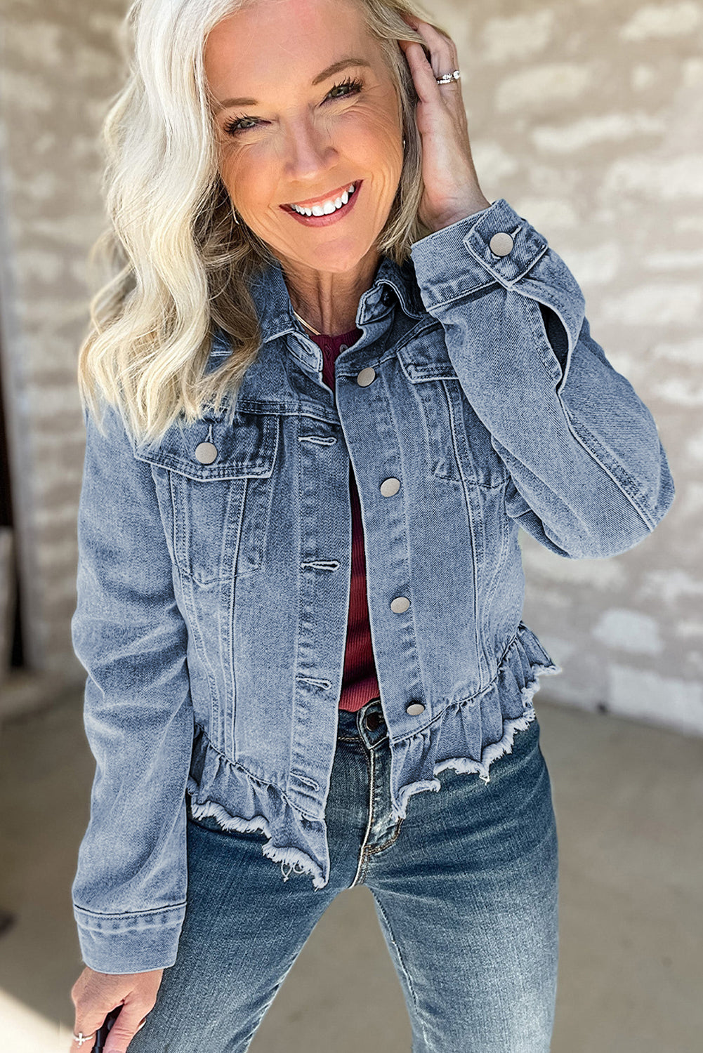 Beau Blue Ruffle Raw Hem Denim Jacket by ModestAndDevoted featuring flap pockets, ruffles, and a casual outerwear style.