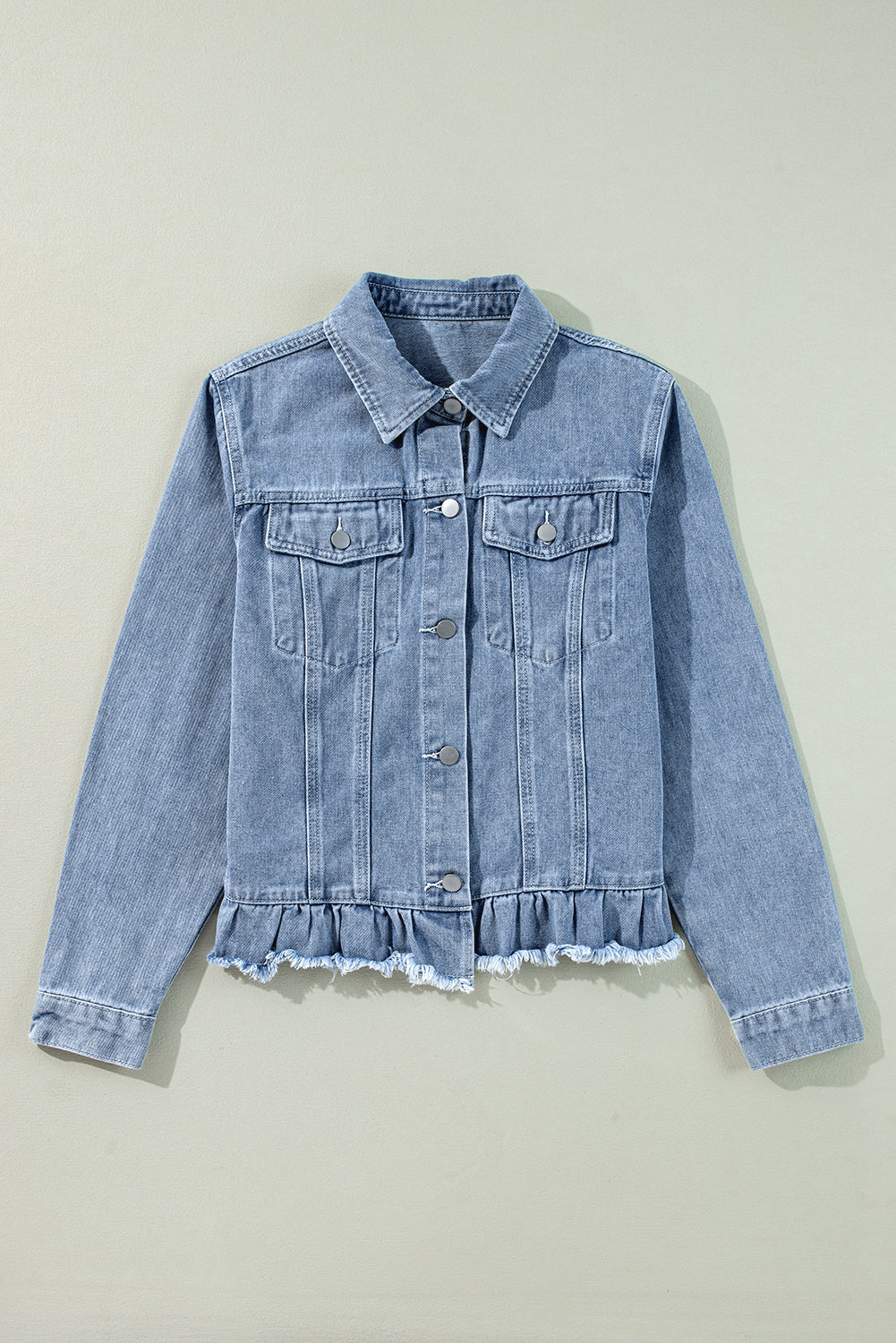 Beau Blue Ruffle Raw Hem Flap Pockets denim jacket by ModestAndDevoted, featuring ruffles, raw hem, and flap pockets.