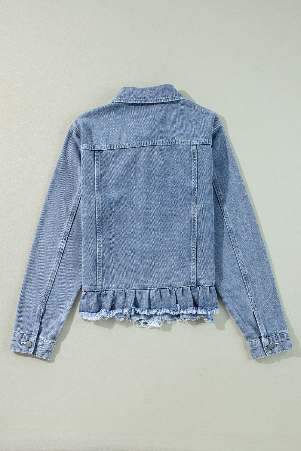 Beau Blue Ruffle Raw Hem Denim Jacket with flap pockets, ModestAndDevoted outerwear, featuring ruffle details and casual style.
