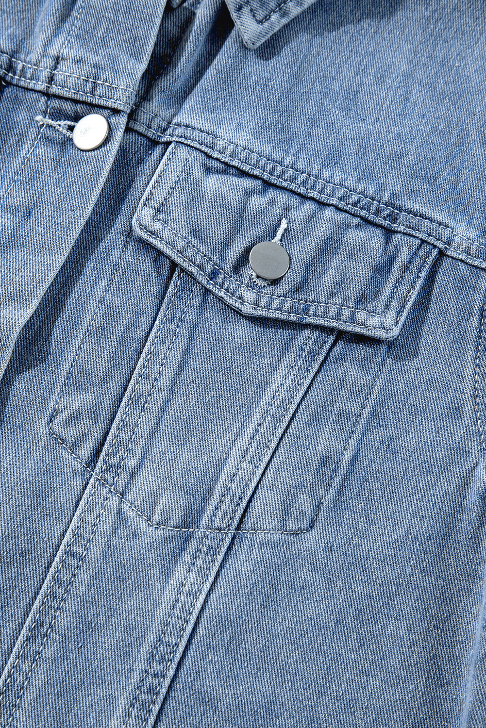 Beau Blue Ruffle Raw Hem Denim Jacket by ModestAndDevoted featuring flap pockets and feminine ruffle details.