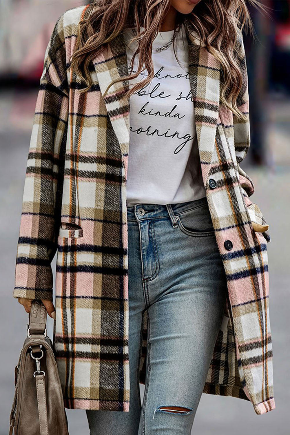 Pink plaid button-up lapel jacket from ModestAndDevoted, stylish outerwear with a classic shacket design and polyester fabric.