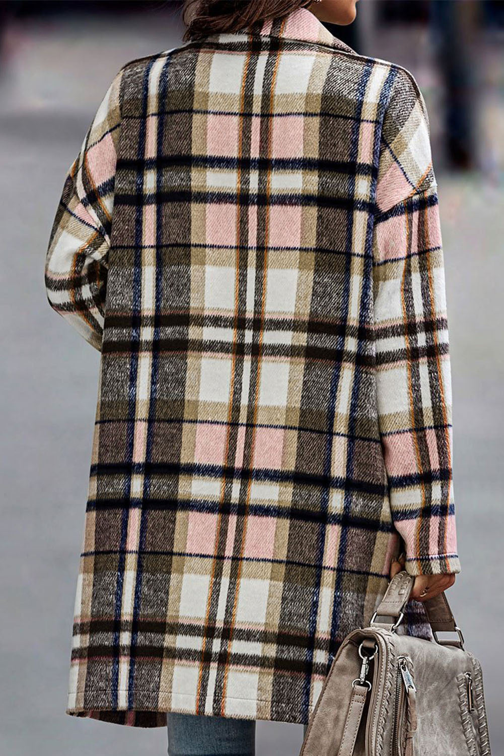 Pink plaid button-up lapel jacket from ModestAndDevoted, stylish outerwear with a classic plaid pattern and tailored design.