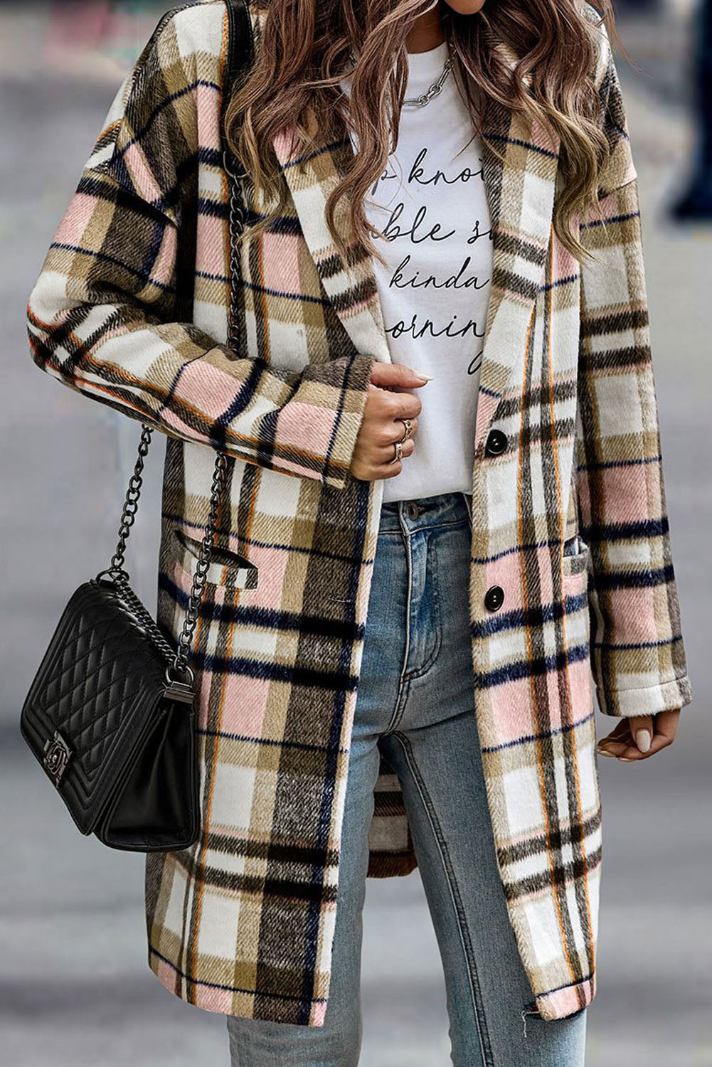 Pink plaid button-up lapel jacket from ModestAndDevoted, stylish outerwear made of polyester with classic plaid pattern.