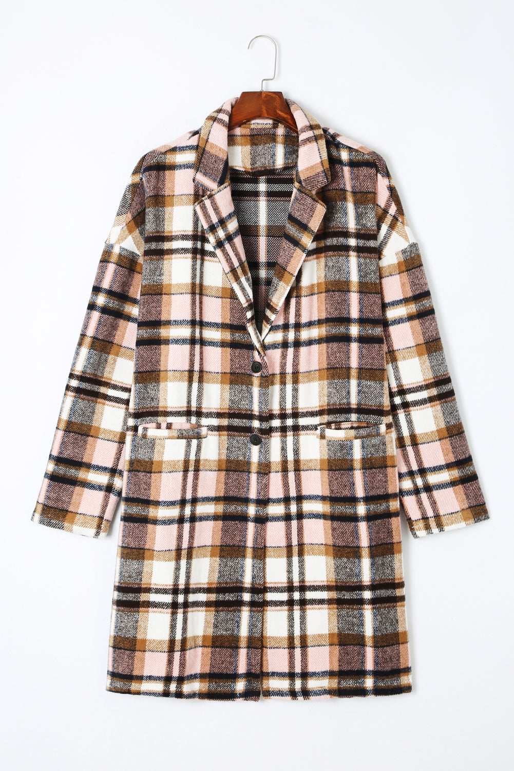 Pink plaid button-up lapel jacket from ModestAndDevoted, stylish outerwear with a classic plaid pattern and tailored fit.