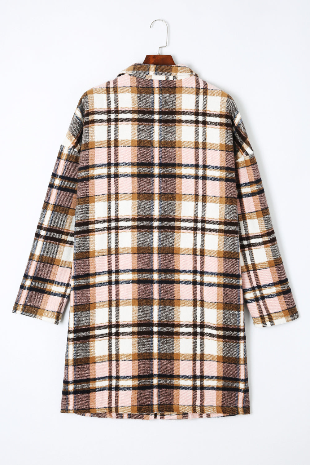 Pink plaid button-up lapel jacket from ModestAndDevoted, stylish outerwear with a classic plaid pattern and tailored fit.