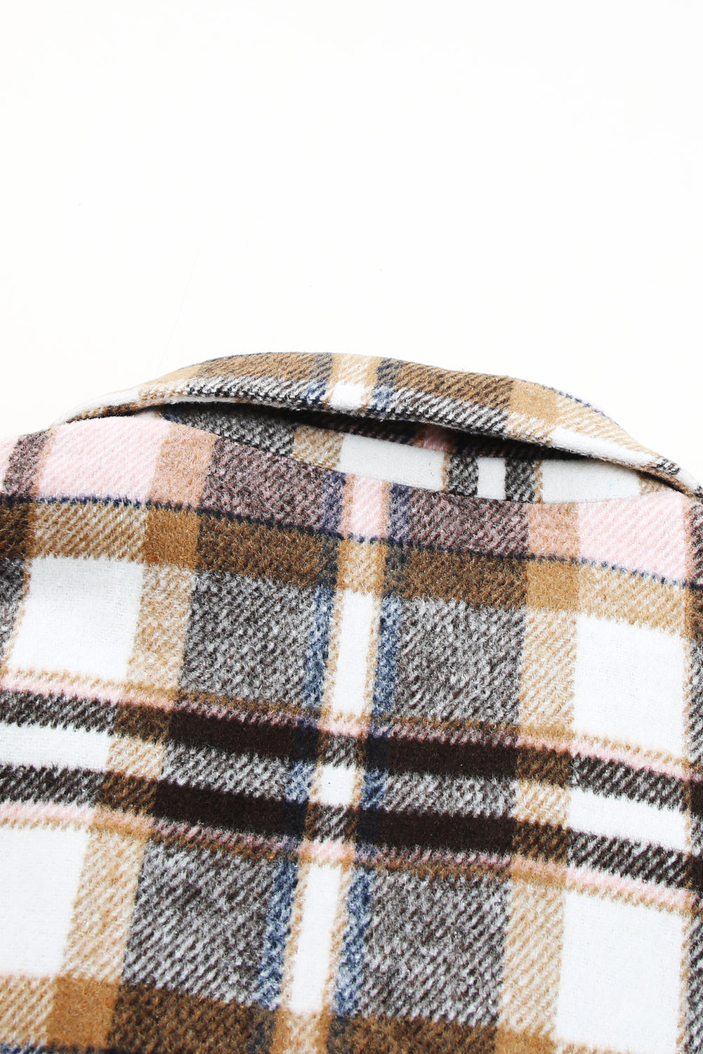 Pink plaid button-up lapel jacket from ModestAndDevoted, stylish outerwear with a classic plaid pattern and tailored fit.