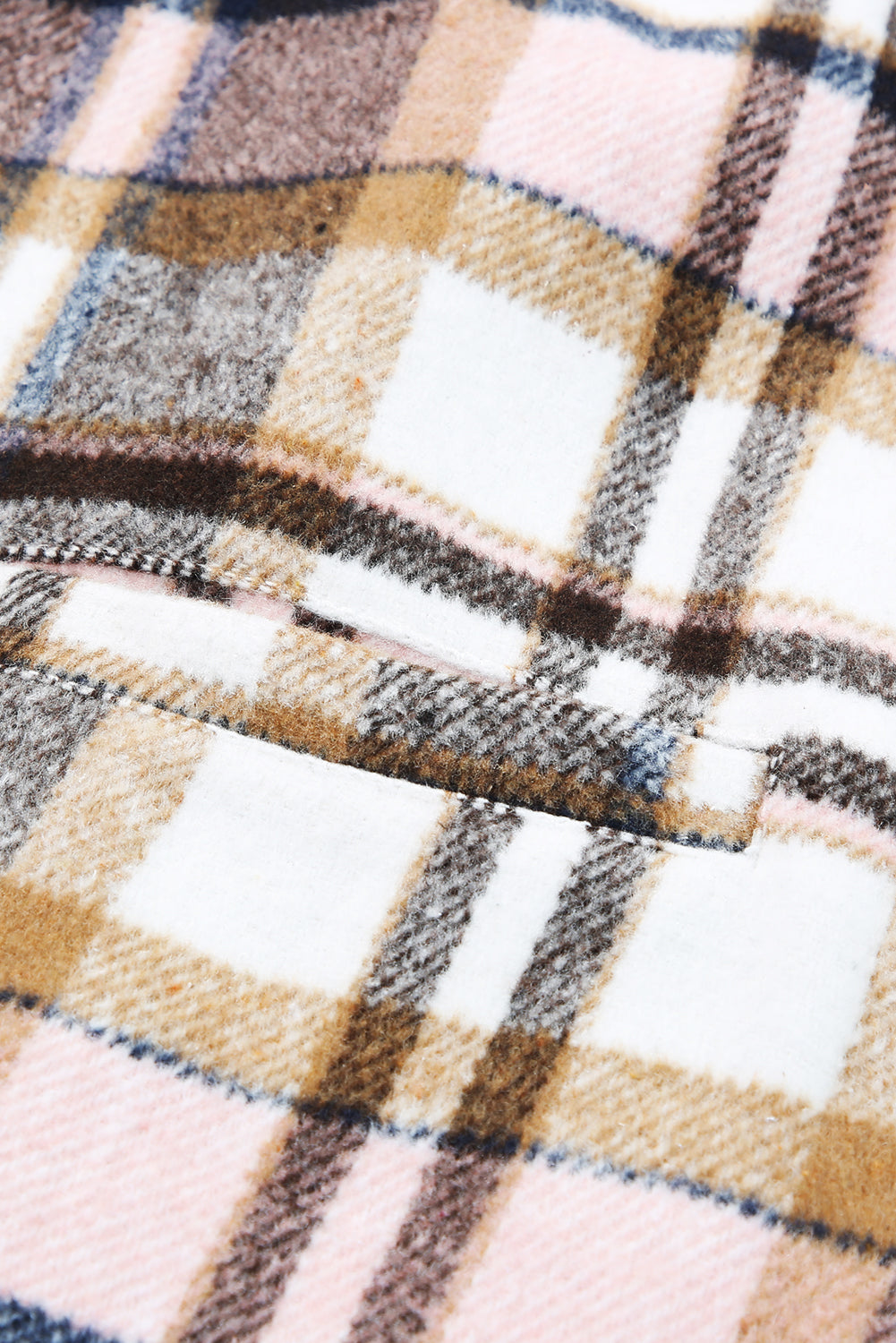 Pink plaid button-up lapel jacket from ModestAndDevoted, stylish outerwear with a classic plaid pattern and tailored fit.