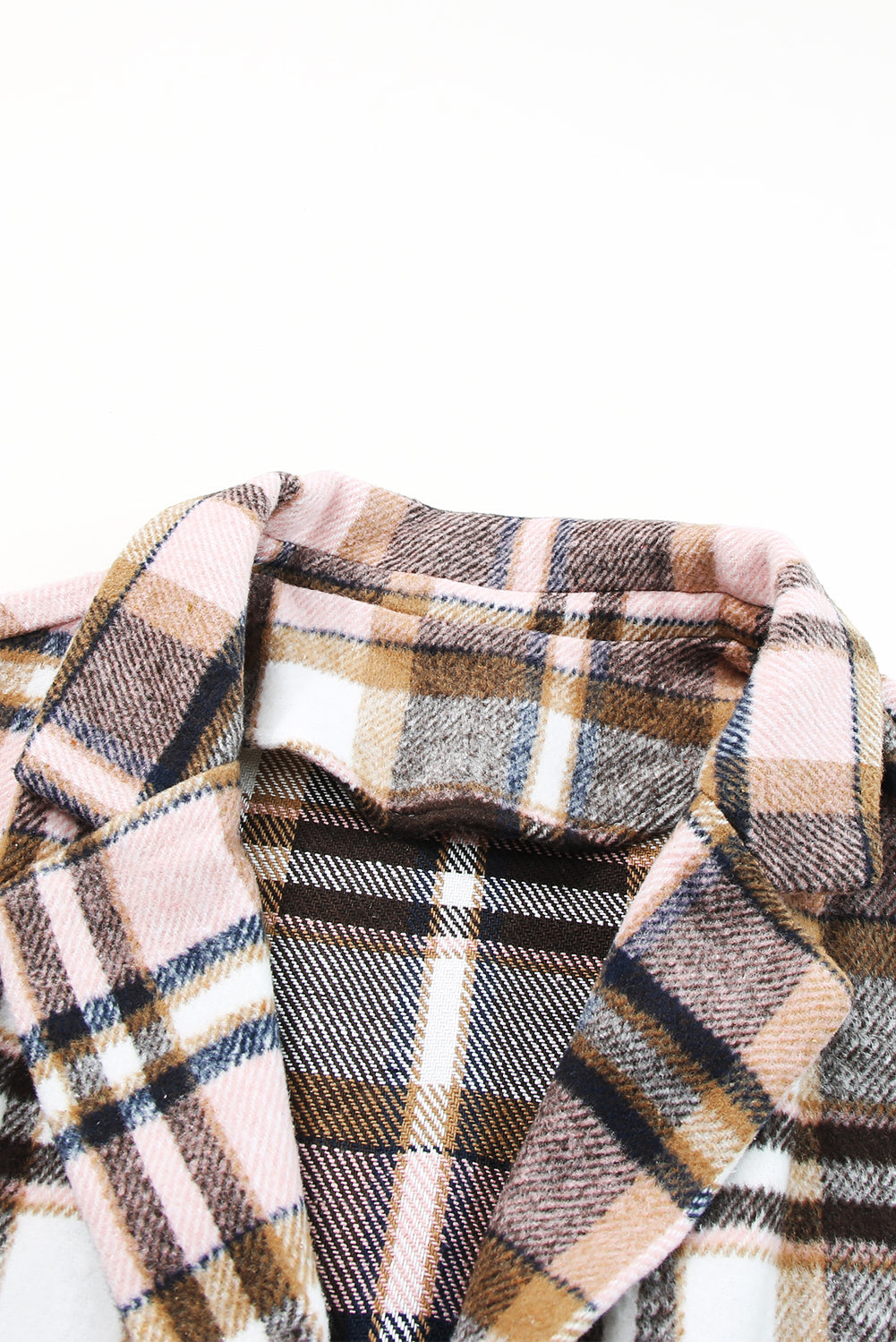Pink plaid button-up lapel jacket from ModestAndDevoted, stylish outerwear with a classic plaid pattern and tailored fit.