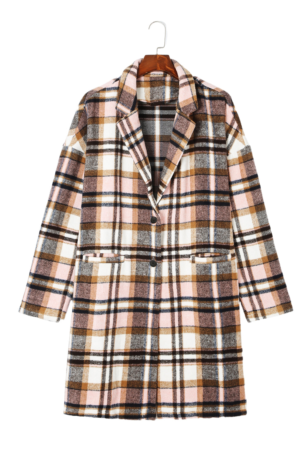 Pink plaid button-up lapel jacket by ModestAndDevoted, stylish outerwear with a classic plaid pattern and tailored fit.