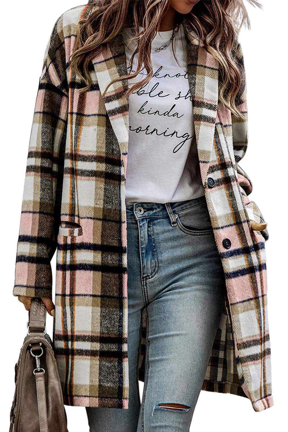 Pink plaid button-up lapel jacket from ModestAndDevoted, stylish outerwear with classic plaid pattern and tailored fit.