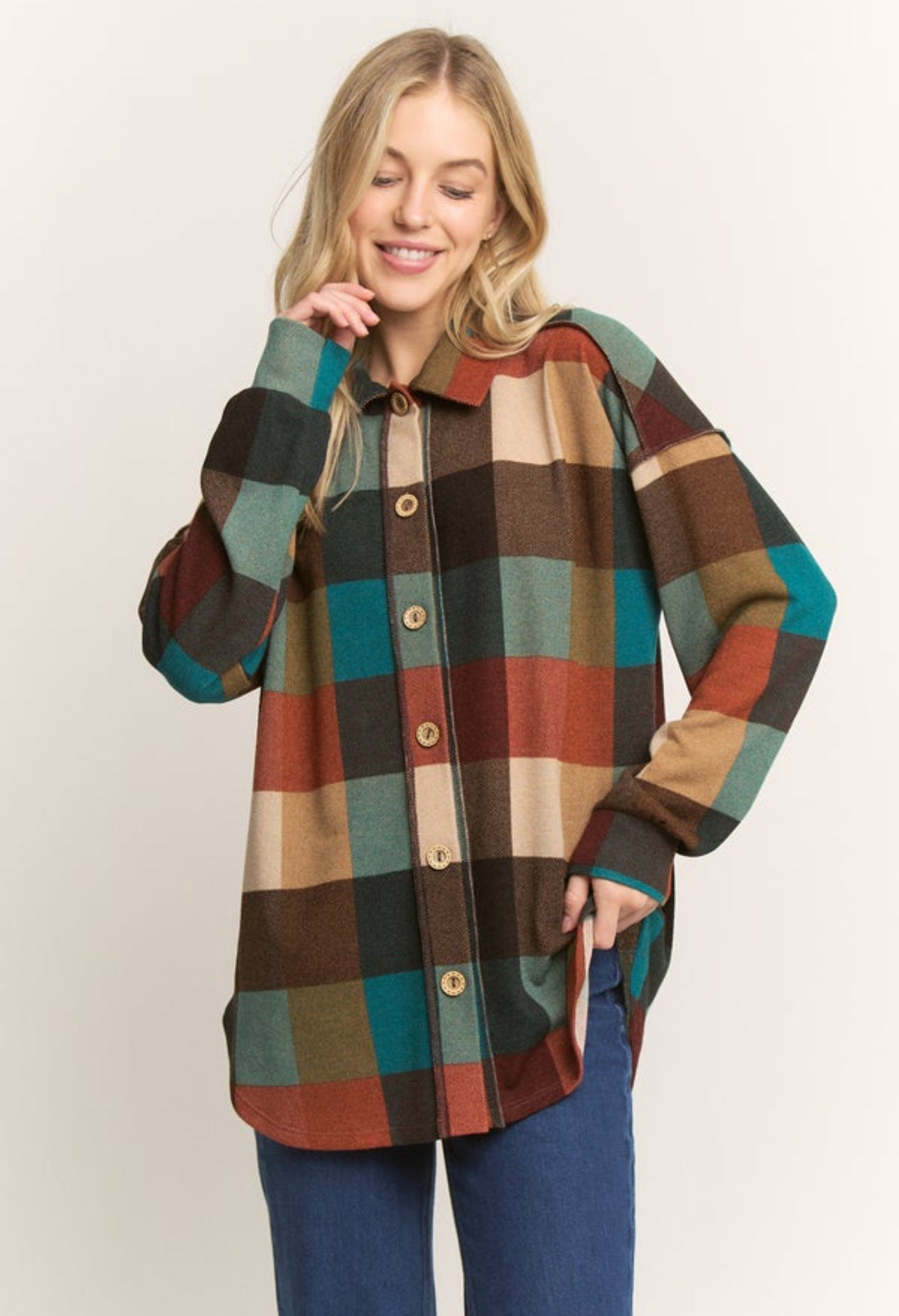 Pink tweed oversized button-down shacket from ModestAndDevoted, featuring assorted buttons and a cozy, relaxed fit.