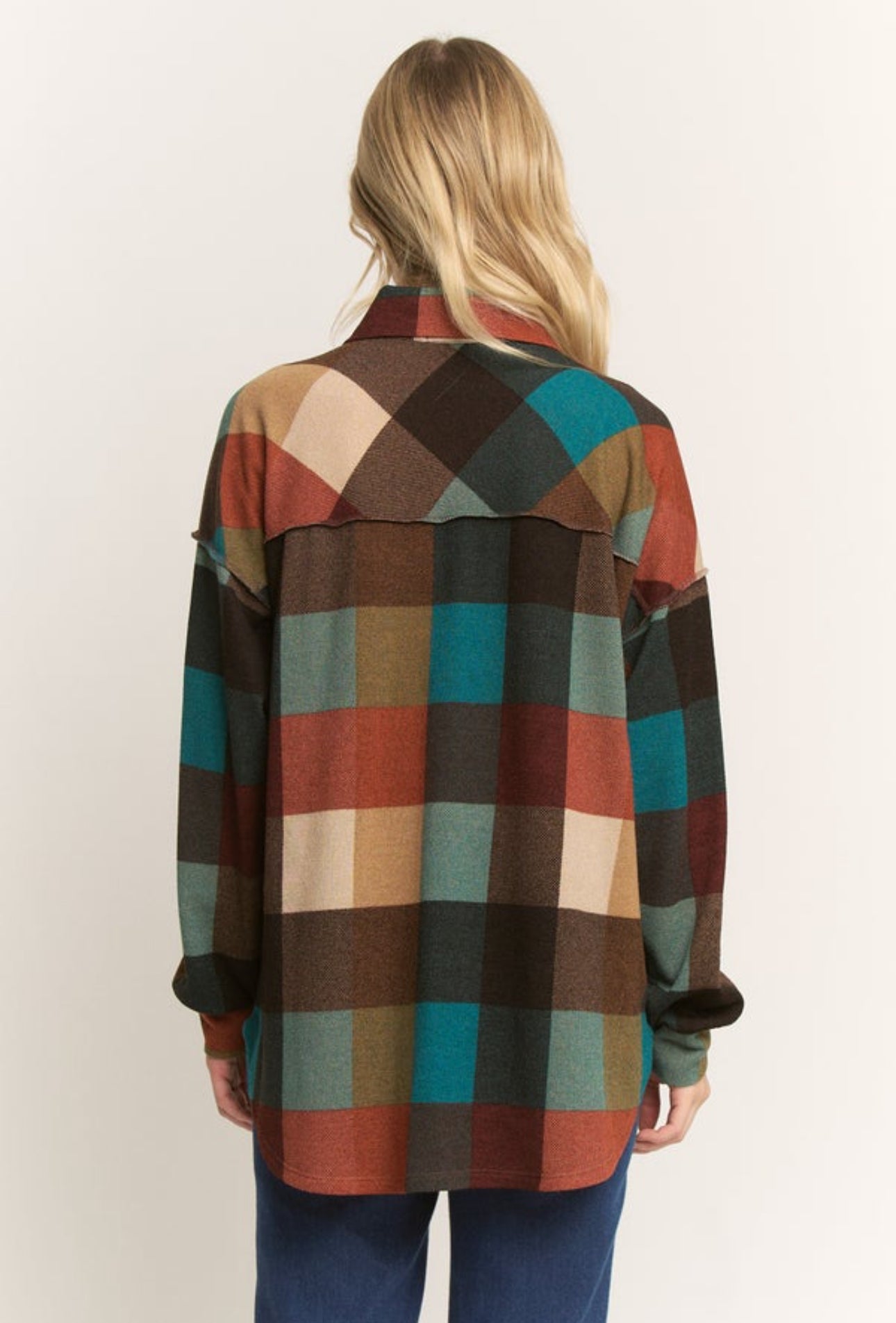 Pink tweed oversized button-down shacket by ModestAndDevoted, featuring a stylish, textured design and classic collar.