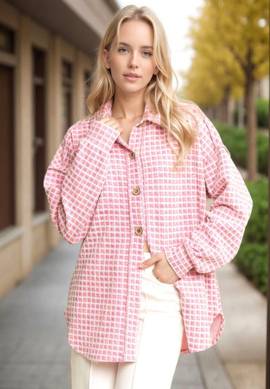 Pink tweed oversized button-down shacket by ModestAndDevoted, featuring a stylish, textured design and classic collar.