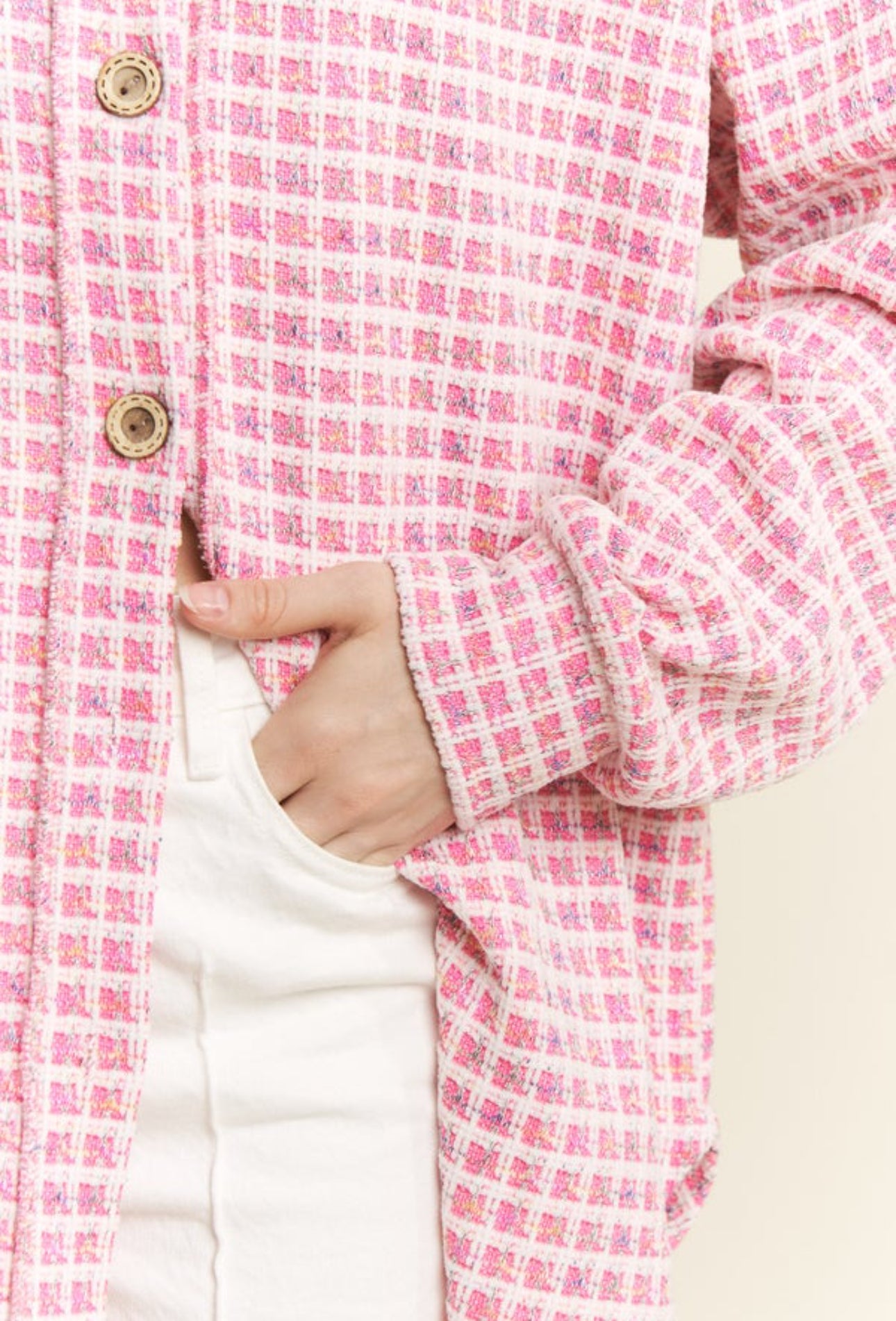 Pink tweed oversized button-down shacket by ModestAndDevoted with an assorted small button detail.