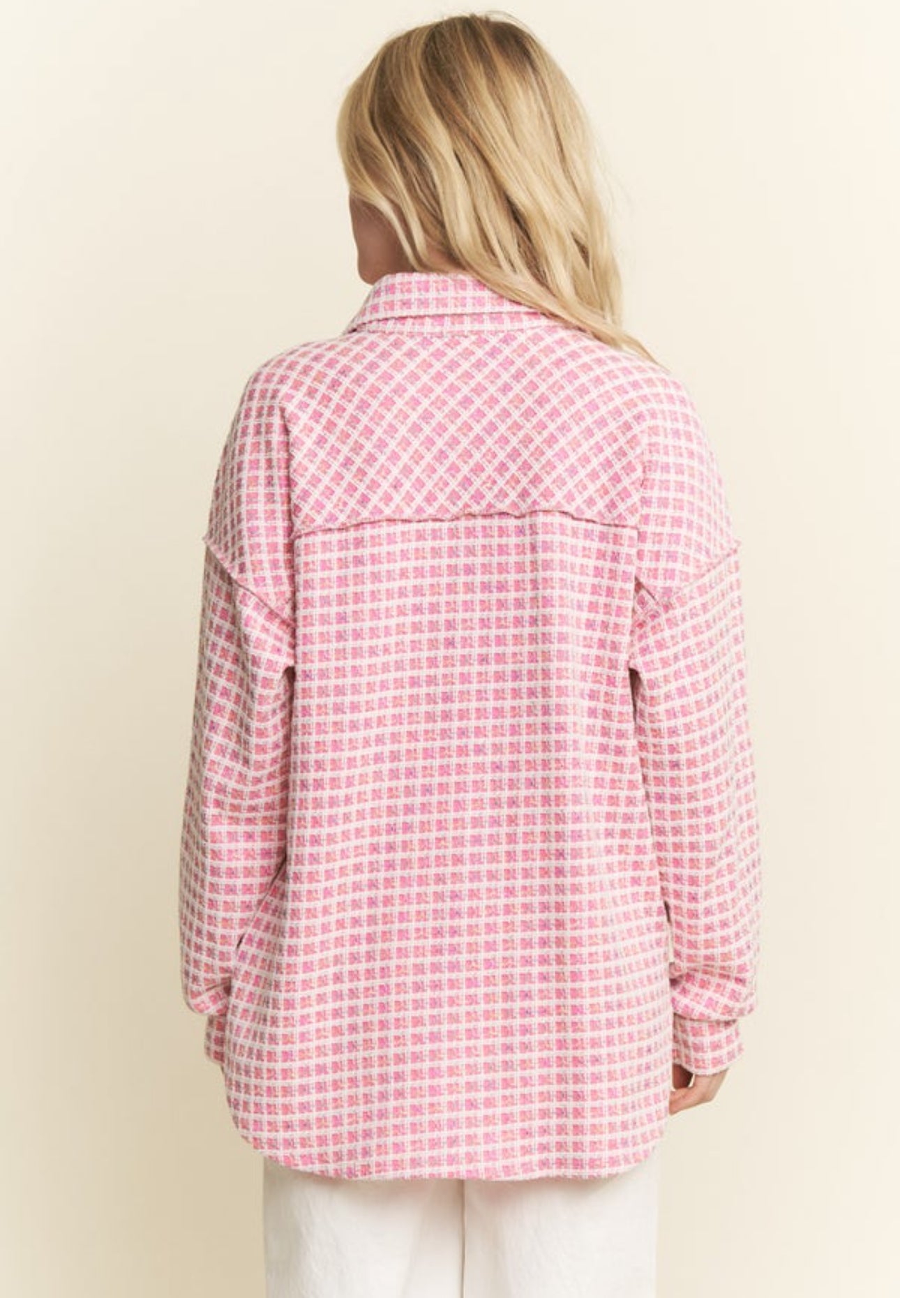 Pink tweed oversized button-down shacket by ModestAndDevoted, featuring assorted buttons and a relaxed fit.