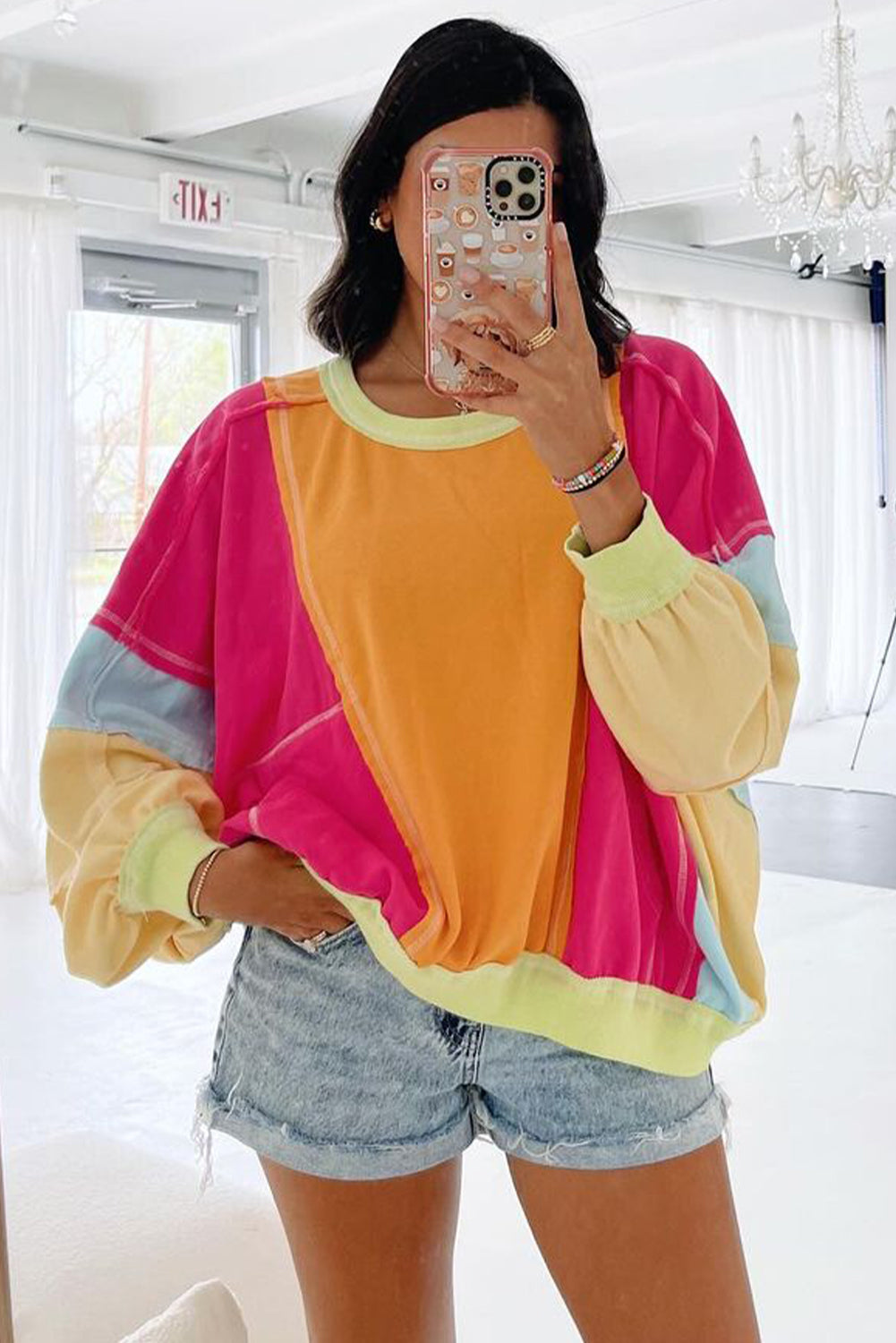 Rose red plus size colorblock patchwork sweatshirt with exposed seams, made of polyester and cotton, from ModestAndDevoted.