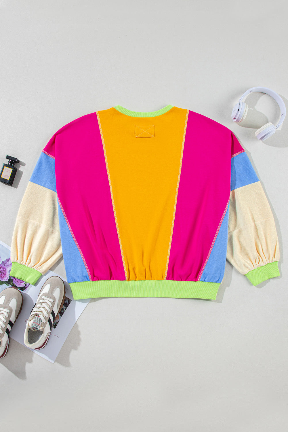 Rose red plus size colorblock patchwork sweatshirt with exposed seams, made of polyester and cotton, from ModestAndDevoted.