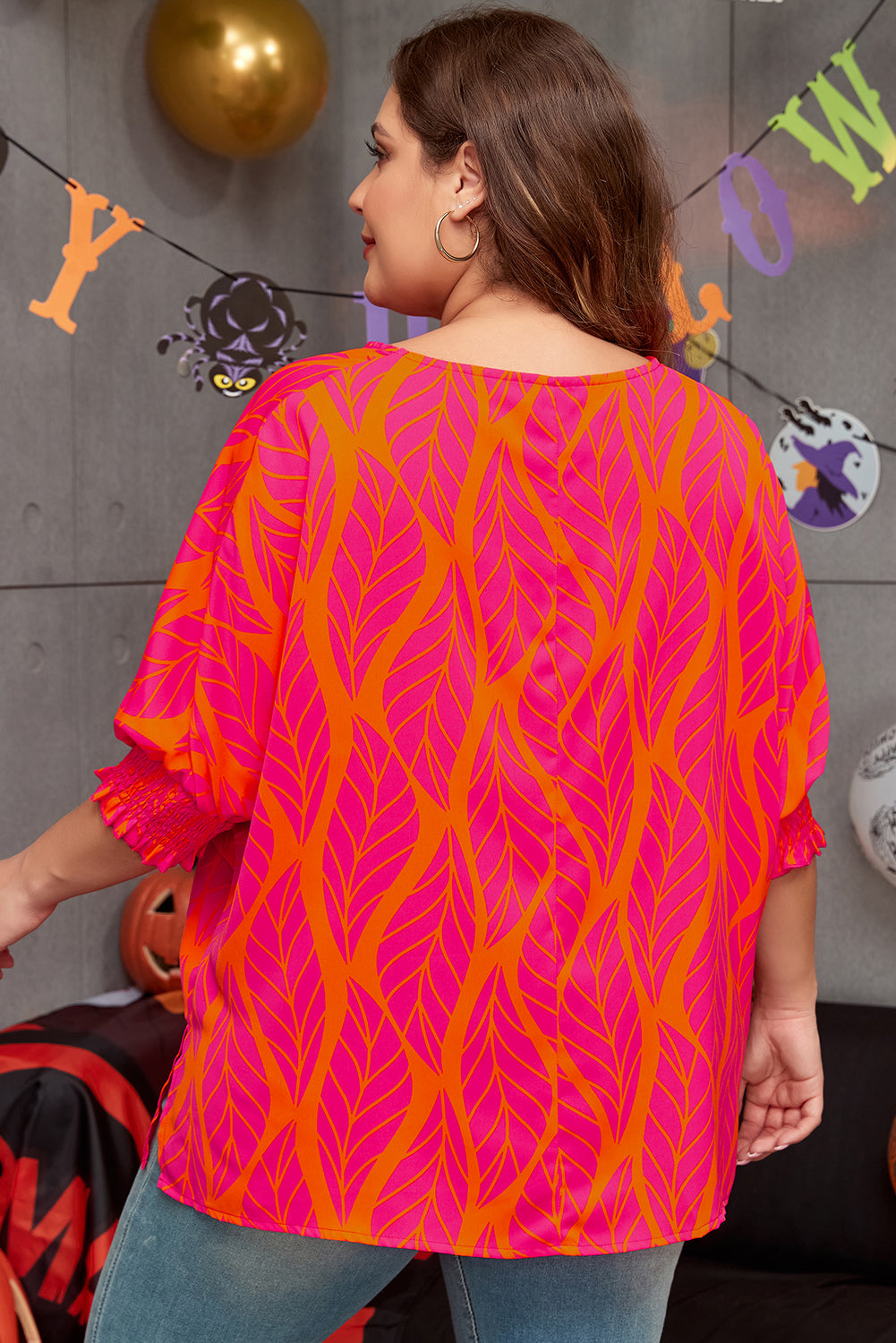 Plus size rose leafy printed smocked lantern sleeve blouse by ModestAndDevoted, featuring a relaxed fit and elegant design.