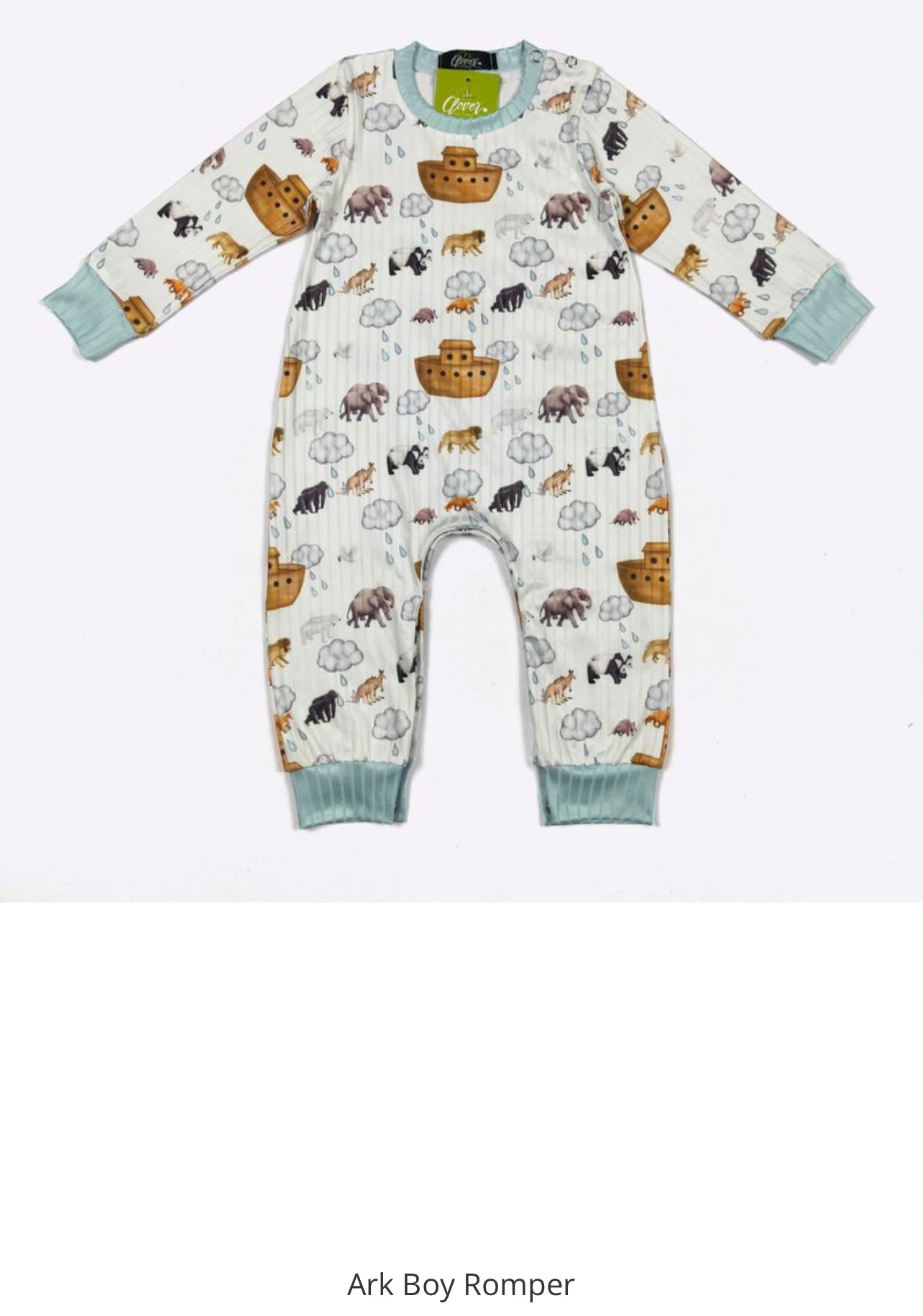 ModestAndDevoted infant boy romper with Noah's Ark theme in blue, suitable for 0-6 months, featuring colorful, playful design.