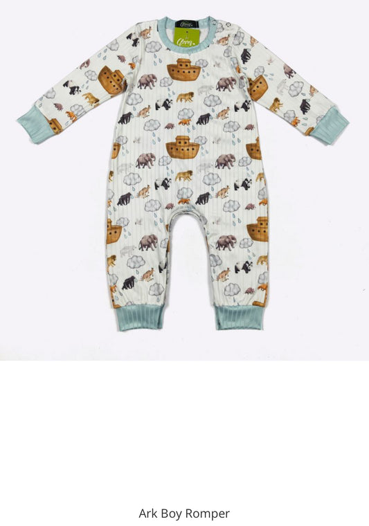 ModestAndDevoted infant boy romper with Noah's Ark theme in blue, suitable for 0-6 months, featuring colorful, playful design.