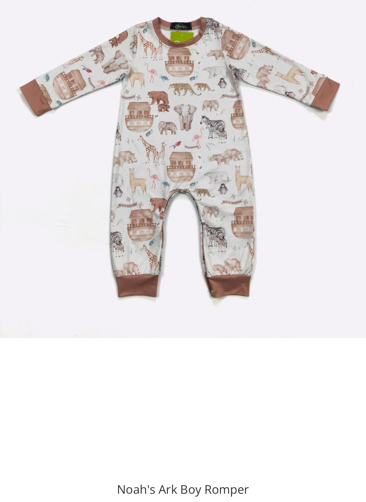 ModestAndDevoted infant boy romper with Noah's Ark theme in blue for 0-6 months, featuring colorful, playful design.