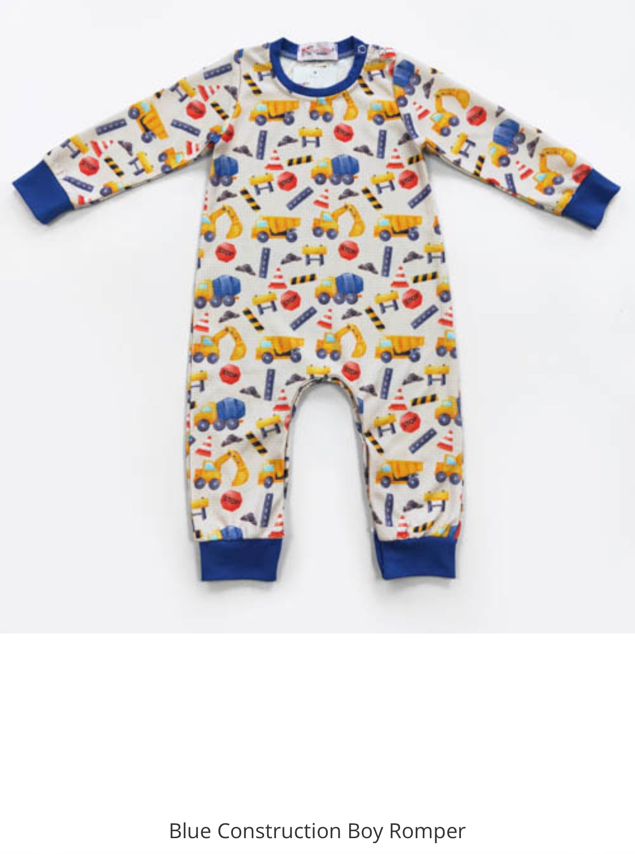 Infant boy romper by ModestAndDevoted featuring Noah’s Ark theme in blue for ages 0-6 months, with playful, assorted designs.