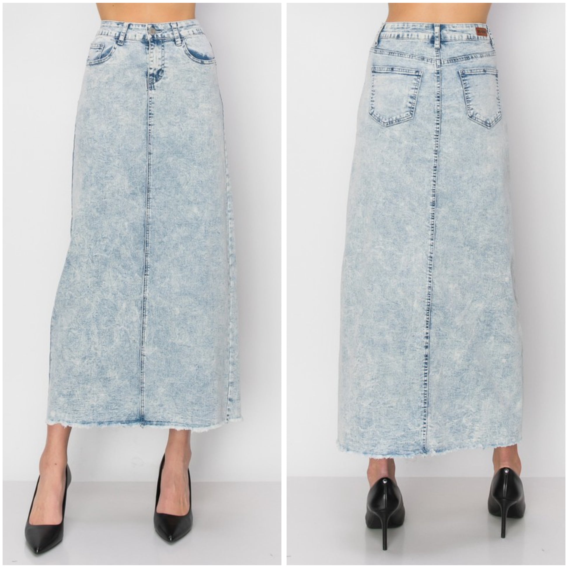 Light acid wash denim maxi skirt by Be-Girl from ModestAndDevoted, featuring a flowing silhouette and casual style.